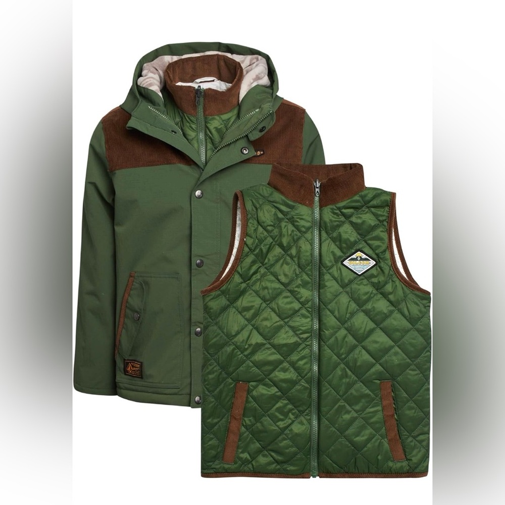 Volcom Snow 2 In 1 Insulated Jacket‎ Military Green & Brown Kids Large 12/14 G3